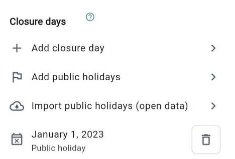 Closing days and public holidays