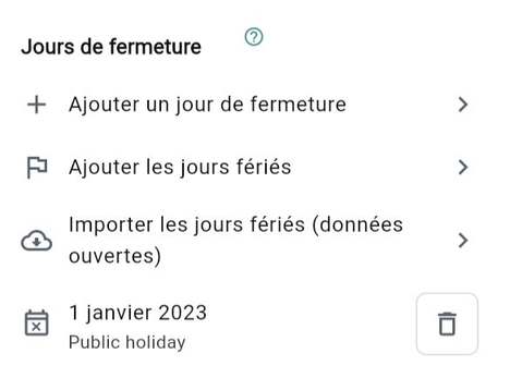 Jours de fermeture et jours fériés