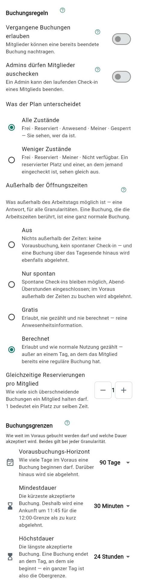 Öffnungszeiten und Buchungsregeln