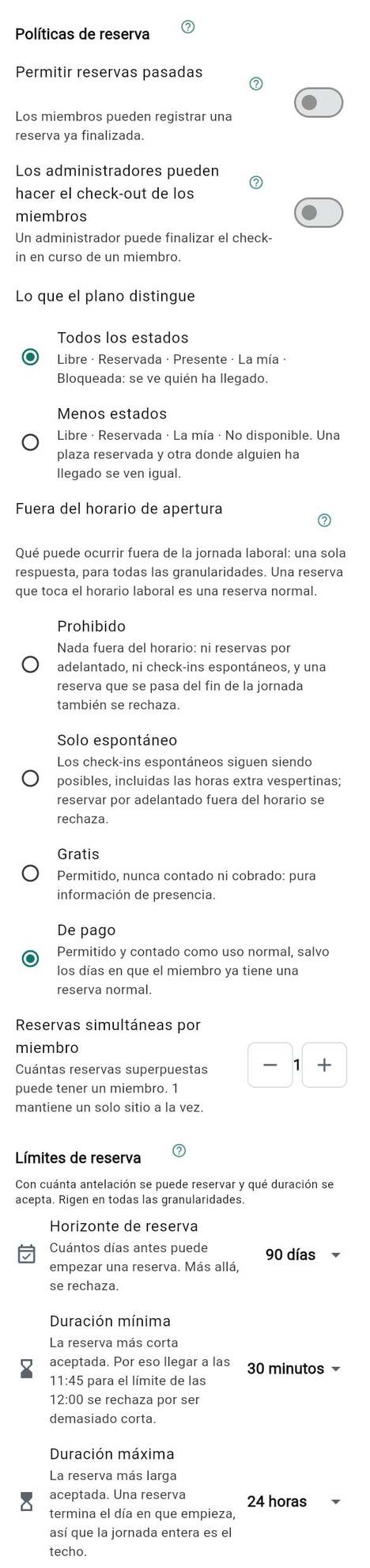 Horarios de apertura y reglas de reserva