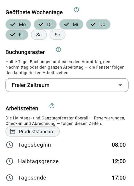 Öffnungszeiten und Buchungsregeln