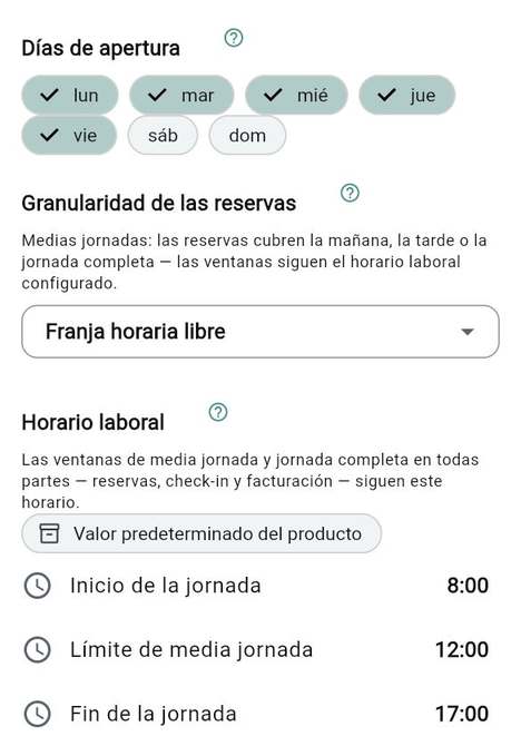 Horarios de apertura y reglas de reserva