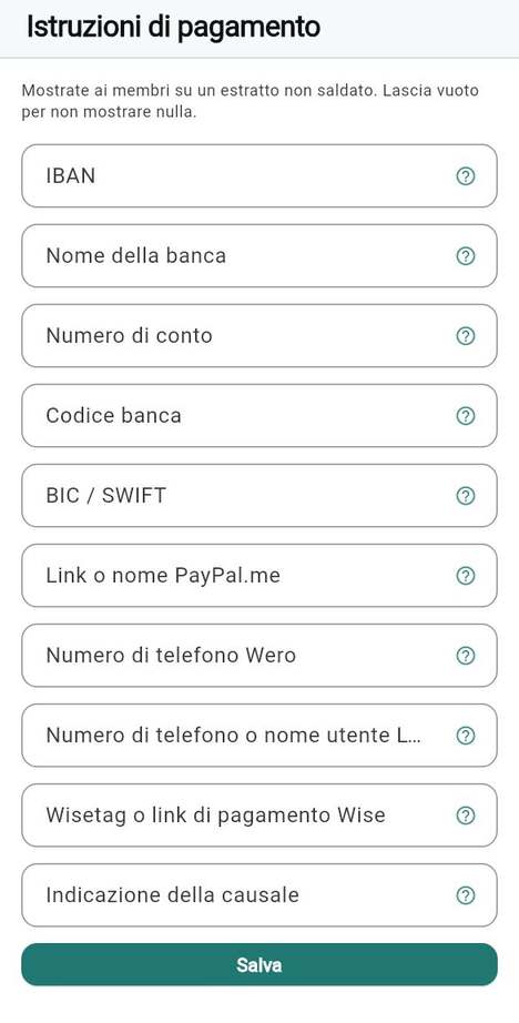 Metodi e istruzioni di pagamento