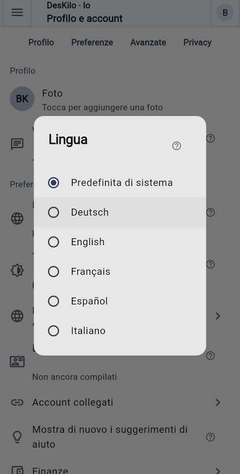 Lingua dell'app
