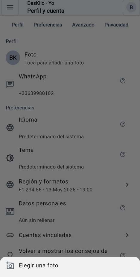 Su cuenta y su foto