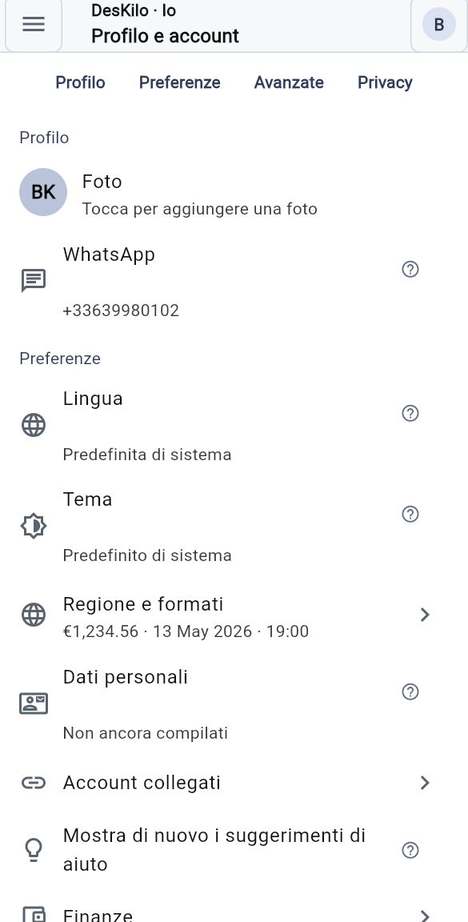 Il suo account e la sua foto