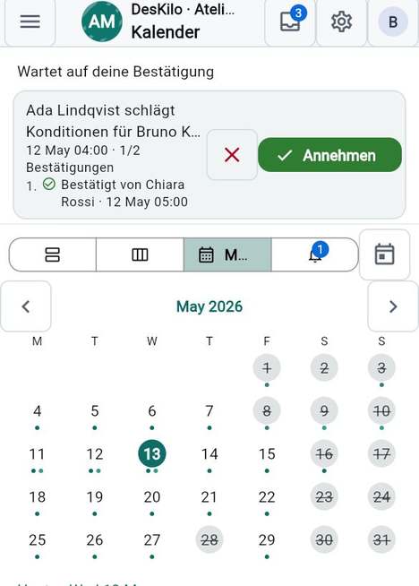 Agenda, Woche und Monat im Kalender