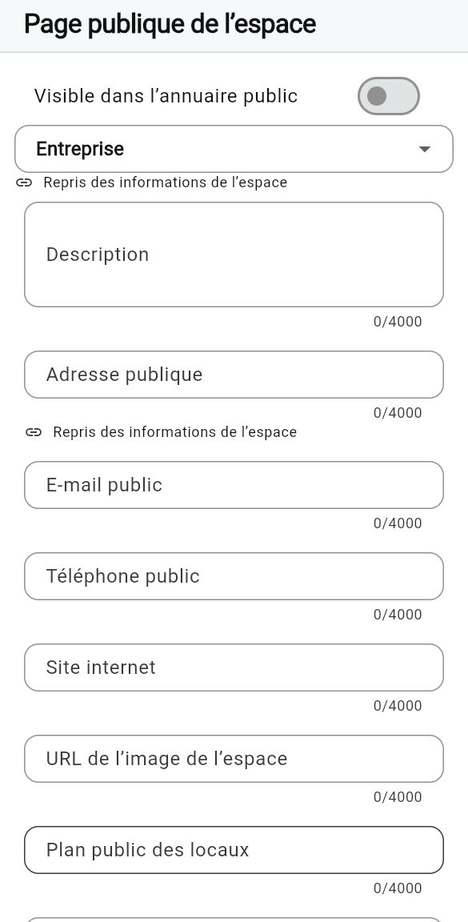 Page publique de l'espace