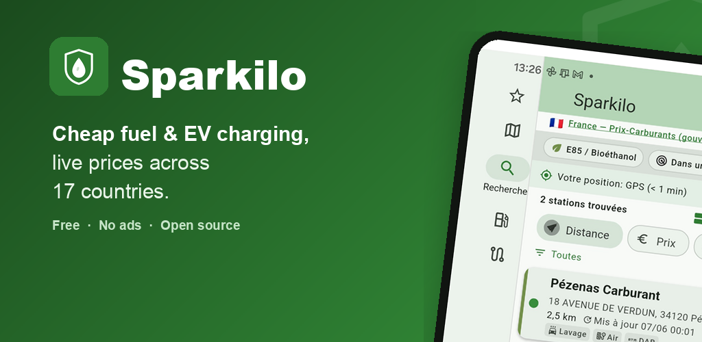 Sparkilo app showing a map of nearby fuel stations with prices coloured cheapest to priciest