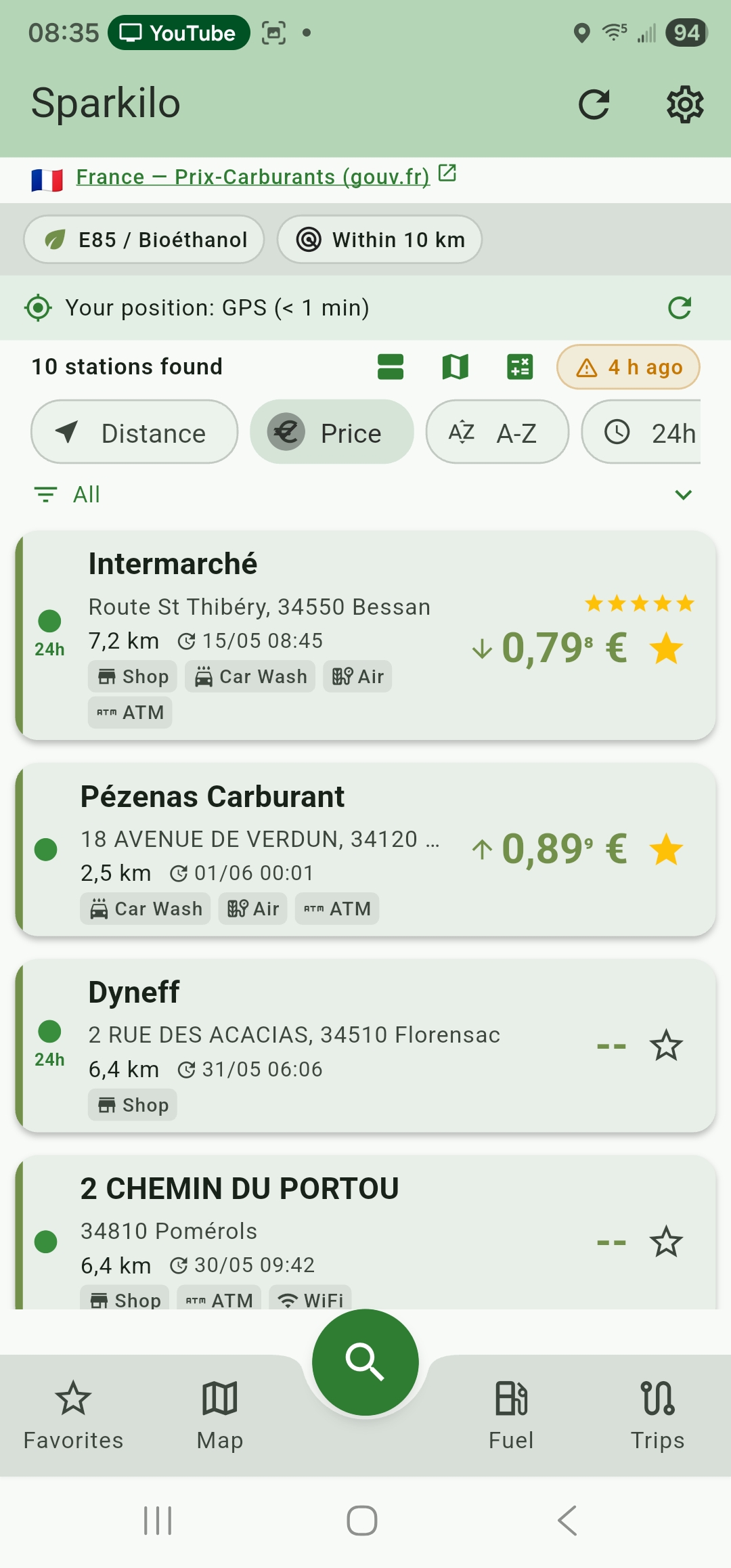 Search results listing the cheapest fuel stations near the user
