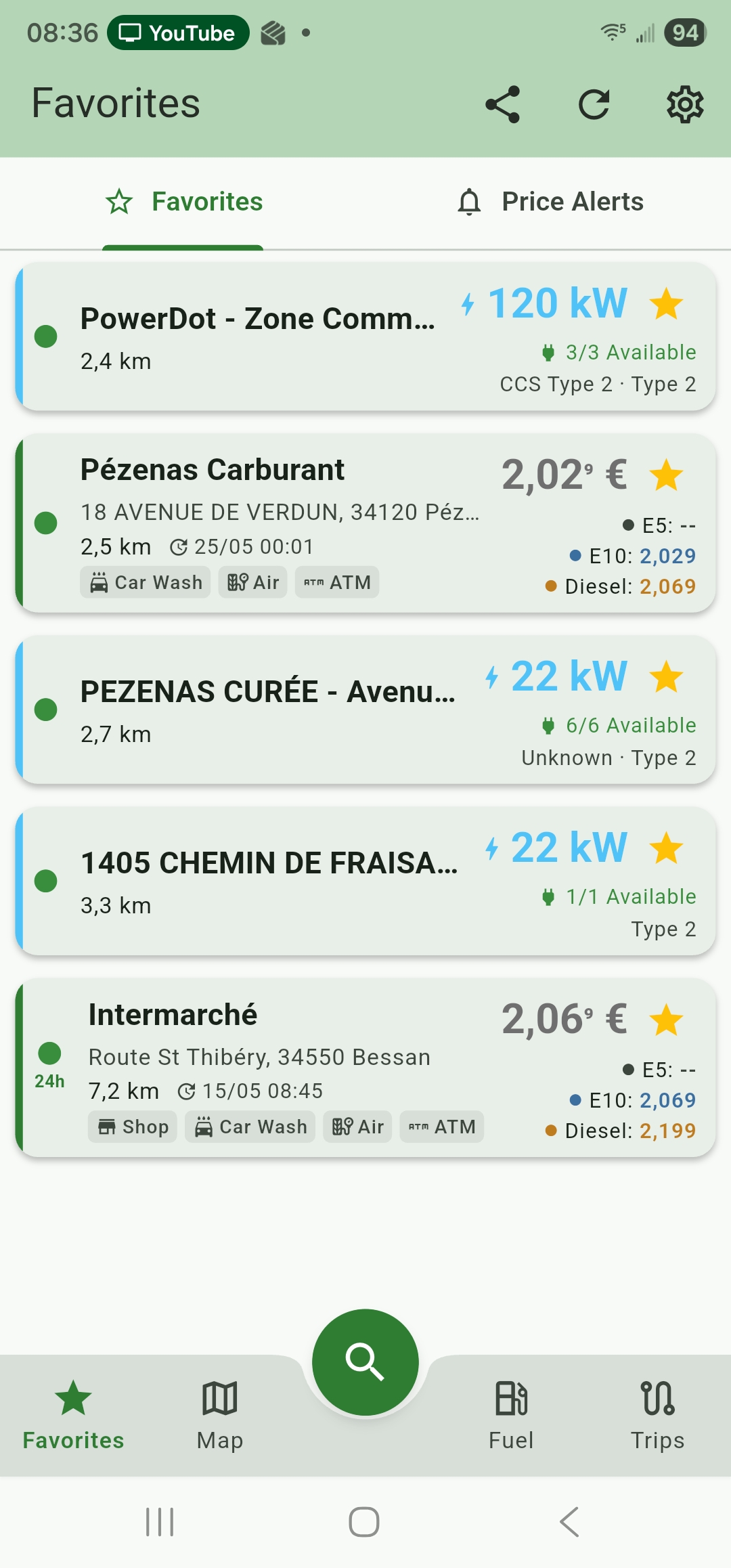 Favourites list mixing fuel stations and EV charging points