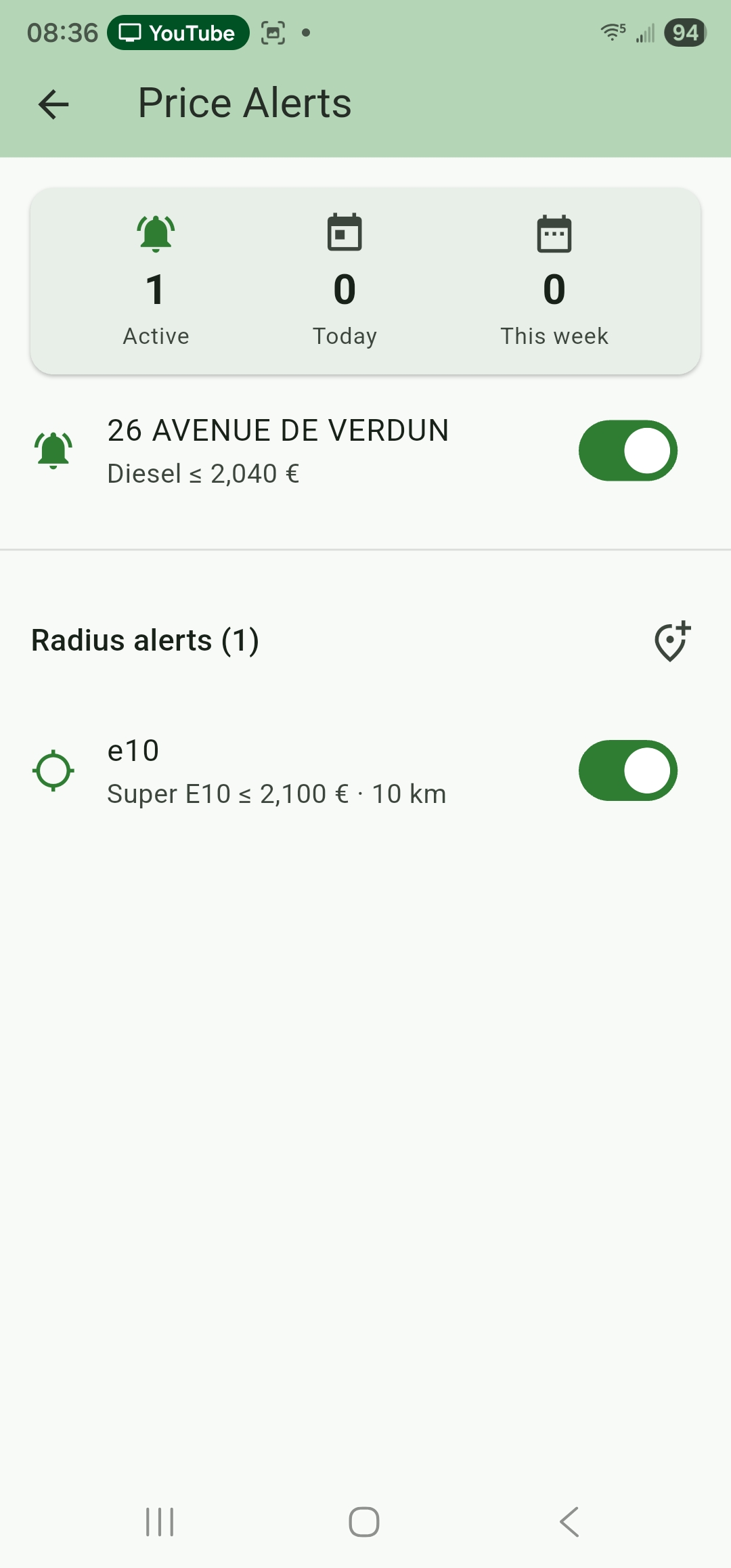 Price alert settings for nearby fuel deals