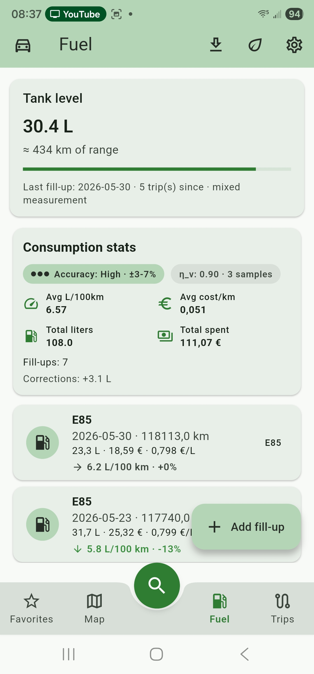 Consumption tracker statistics with litres per 100 km and cost per km